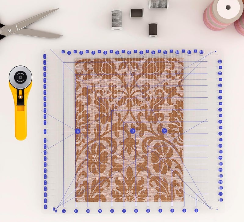 CANCLEAR Quilting Ruler, 12.5" x 12.5" Slotted Acrylic Ruler for Quilting and Sewing, Precise Fabric Cutting with 24pcs Non-Slip Silicone Grips, Blue & White - Image 2